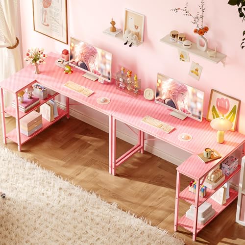 Huuger L Shaped Desk, 47 Inches Computer Desk with Reversible Storage Shelves, Gaming Desk, Corner Desk Home Office Desks, Writing Study Desk with Metal Frame, Pink