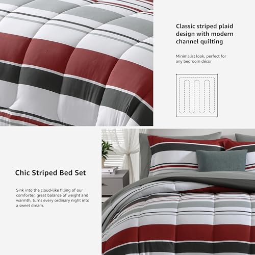 Image of Monbix Queen Comforter Set - 7 Pieces Bed in a Bag Queen, Red and Black-Stripe Bedding Sets, All Seasons Comforter Bed Set with Sheets, Pillowcases & Shams