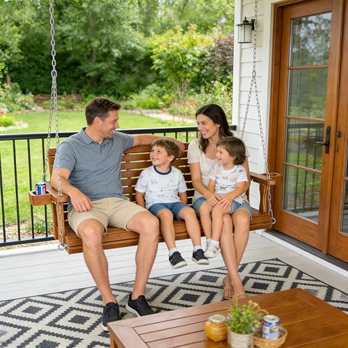 Image of Fortune Candy Wooden Porch Swing, Warm Teak Color, 5 FT Extra Large