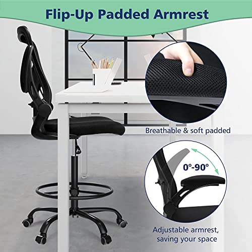 Image of dreamlify Drafting Chair,Tall Standing Desk Chair Comfortable Office Chair with Foot Ring Flip-up Padded Arms Height Adjustable Computer Task Chair Ergonomic Mesh Mid-Back Desk Chair,Black