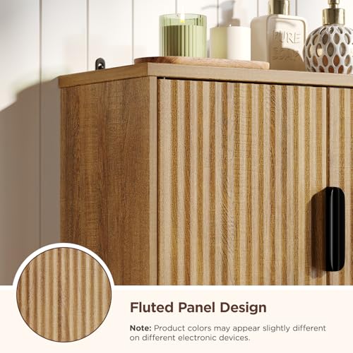 Image of FiveWillowise Fluted Bathroom Wall Storage Cabinet with Open Shelf, Floating Wall Mounted Medicine Cabinet with Adjustable Shelves, Over The Toilet for Bathroom, Laundry Room, Kitchen, Natural Oak