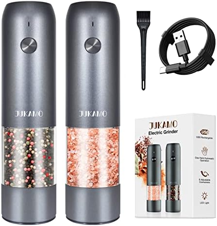 JUKAMO Automatic USB Electric Salt and Pepper Grinder Set, Rechargeable Salt and Pepper Shakers Light up Large Capacity SKY Grey