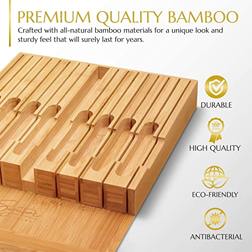 Signature Living Knife Drawer Organizer Insert For 16 Knives And Knife Sharpener (17” X 11.5” X 2”) In-Drawer Knife Block Without Knives, Easy And Safe Storage - Durable Natural Bamboo #TOP2