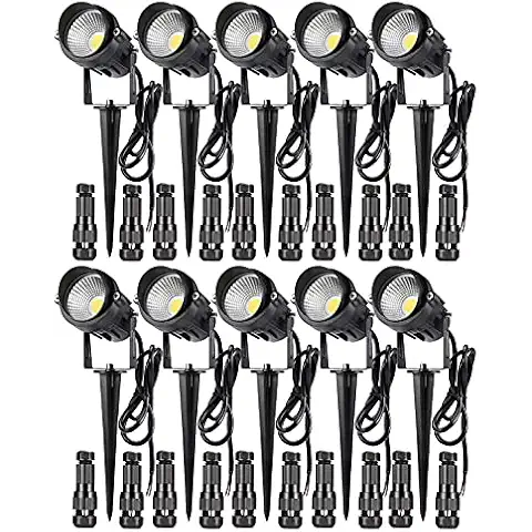 LCARED 12W Low Voltage LED Landscape Lights,Outdoor 12V Super Warm White (1000LM) Waterproof Garden Pathway Lights Wall Tree Flag Spotlights with Spike Stand (10 Pack with Connector) Cover