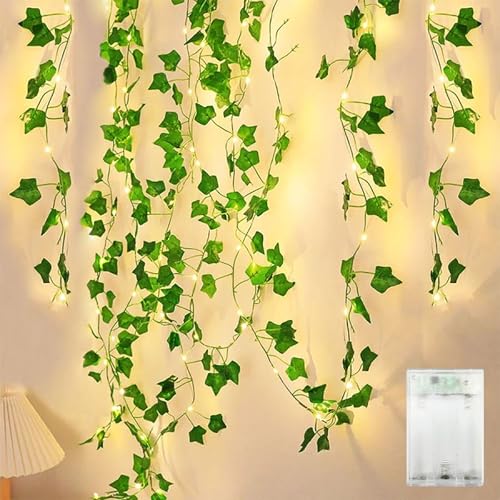 4M 40LED Lichterkette Efeu Künstlich, Efeugirlande Lichterkette Innen Batterie mit Timing-Funktion, Lichterkette Zimmer Deko mit Blumengirlande Hängend Pflanzen für Hochzeit, Party, Garten, Balkon