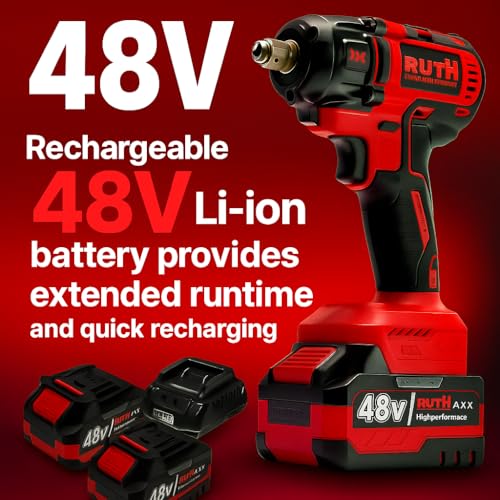 Image of RUTH 4-in-1 Cordless Impact Wrench /Driver Drill 48V, 850Nm Torque, 2x5.0Ah Li-ion Batteries, Variable Speed, LED Light | 30-Piece Kit of Sockets & Bits, Fast Charger & Carry Case. (Red And Black)