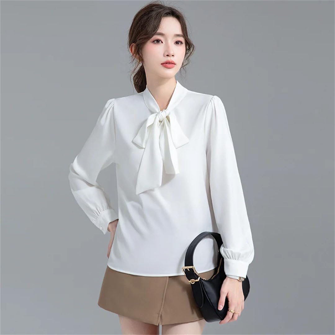 Blusas de oficina para mujer, con lazo, de manga larga, estilo coreano, holgadas