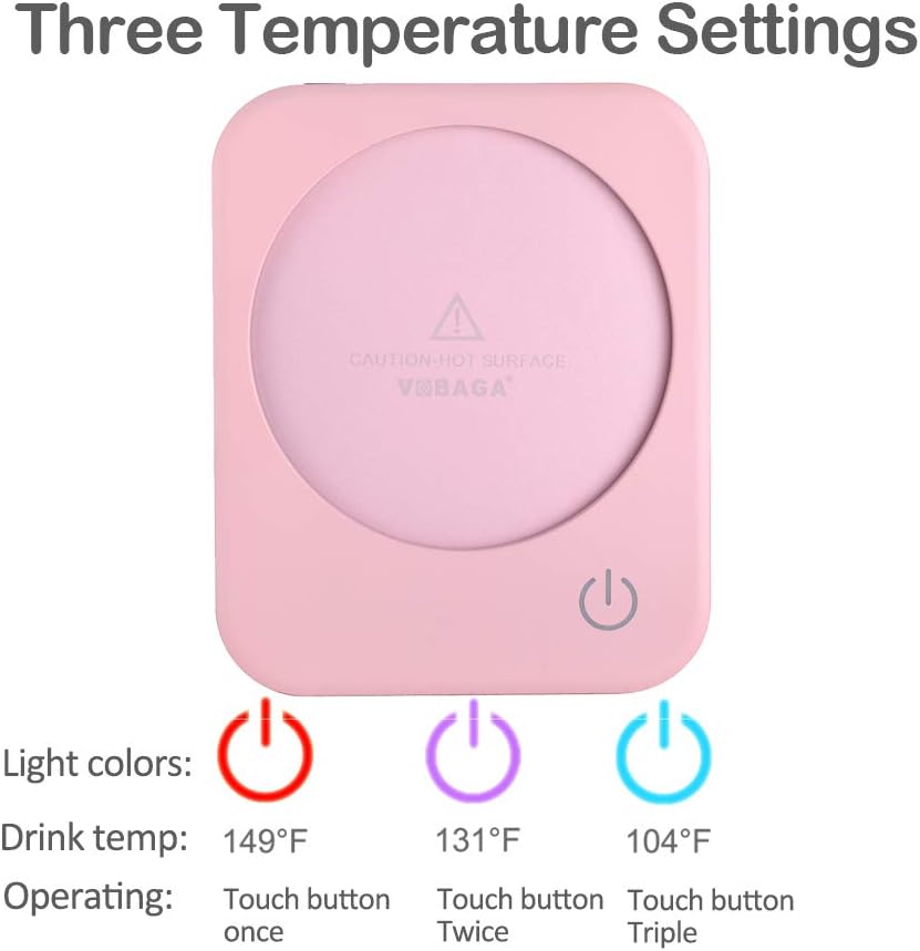 Diagram illustrating the three temperature settings of the VOBAGA Mug Warmer, indicated by different light colors (red, purple, blue) and corresponding temperatures.