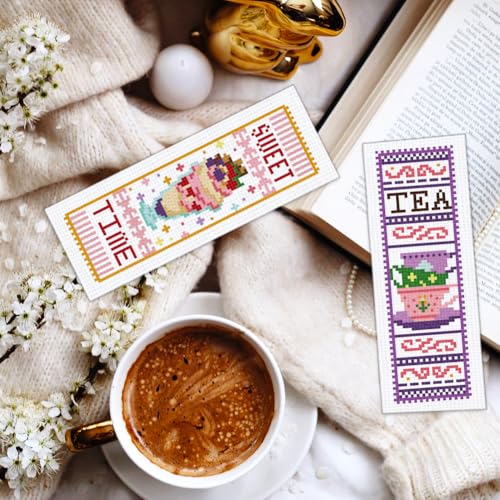 Image of BEUNITONE 6 Pcs Cross Stitch Bookmark Kit for Beginner Coffee and Sweet Time Theme Hand Embroidery Kit with Instruction Tea Stamped Embroidery Bookmarks Handmade for DIY Crafts Book Lovers 8.5''x3''