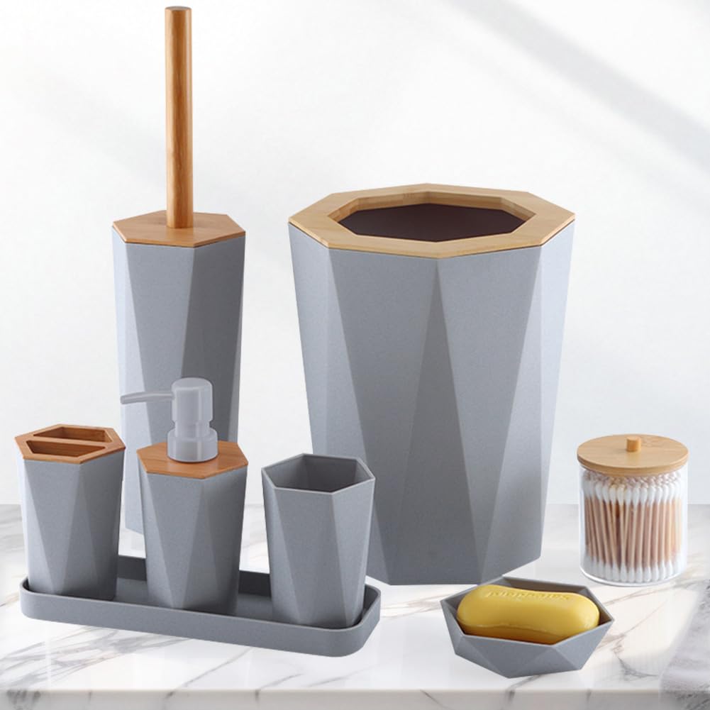 Juego de 8 accesorios de baño con portavasos, dispensador de platos, cepillo (gris)