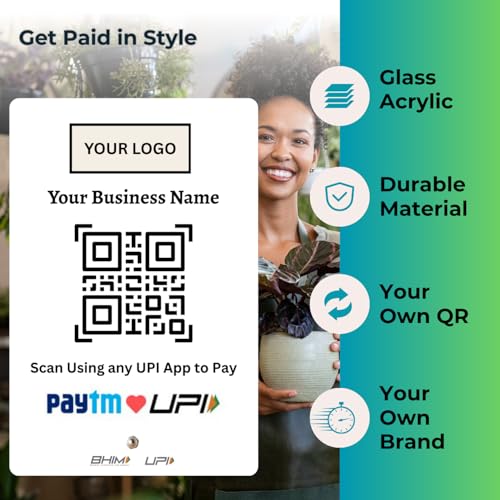 Image of UPI Payment Standee | Custom Acrylic Stand with QR Code, Logo & Business Name | Compatible with All Major UPI App | Design 1