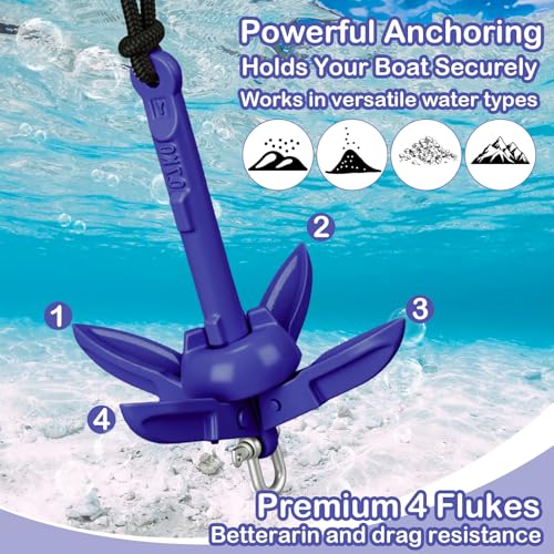 Image of MorningRo 1 Pack 1.5 /3.5 lb Marine Kayak Anchor Kit with 40ft Rope and Buoy Folding Grapnel Boat Anchor Kit Kayak Fishing Accessories for Small Boats, Canoe, SUP Paddle Boards