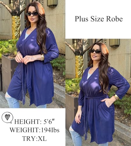 Image of Ekouaer Women's Robes Lightweight 3 /4 Sleeve Short Knit Bathrobe Soft Knee Length Sleepwear Robes with Pockets S-XXL