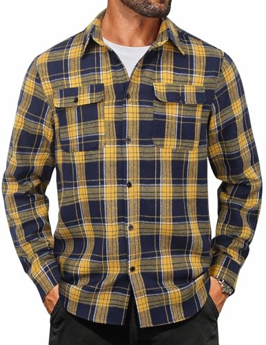 COOFANDY Cotton Plaid Shirts for Men Button Up Flannel Shirt Long Sleeve Casual Cowboy Shirt Yellow Navy
