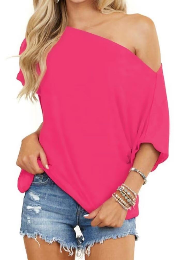 LEEDYA Women Off Shoulder Tops Short Sleeve T-Shirts Loose Blouses Oversized Tunic Tops