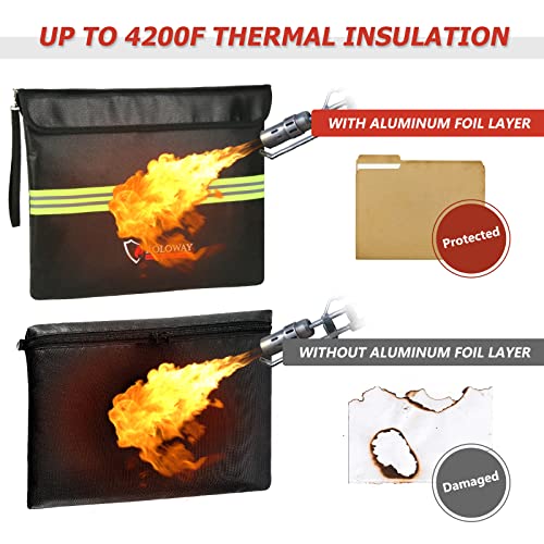 Roloway Fireproof Document Bag (14 X 11 Inch) With 4200°F Upgraded Aluminum Foil Layer, Fireproof Bag For Documents With Reflective Strip, Fireproof Money Bag For Cash Safe With Zipper (Black) #TOP1