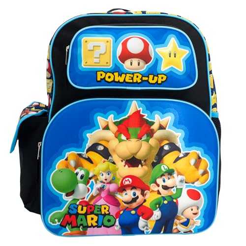 Image of AI ACCESSORY INNOVATIONS Super Mario Brothers Backpack, 16 inch Schoolbag with 3D Molded front pocket featuring Super Mario Characters Mario, Lugi, Princess Peach, Yoshi, & Boswer