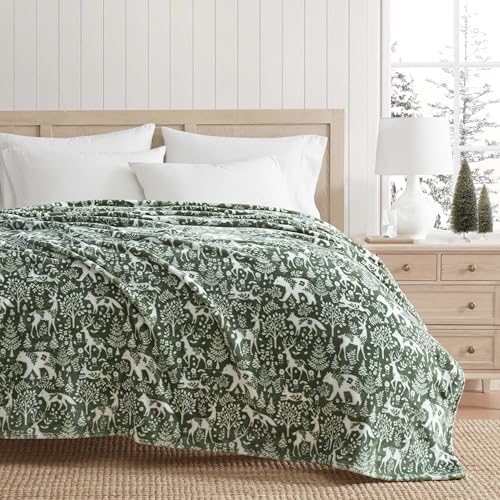 Martha Stewart - Blanket, Incredibly Soft Throw Blanket for Couch or Bed, Printed Plush & Oversized Bedding (Nordic Forest Green, 60