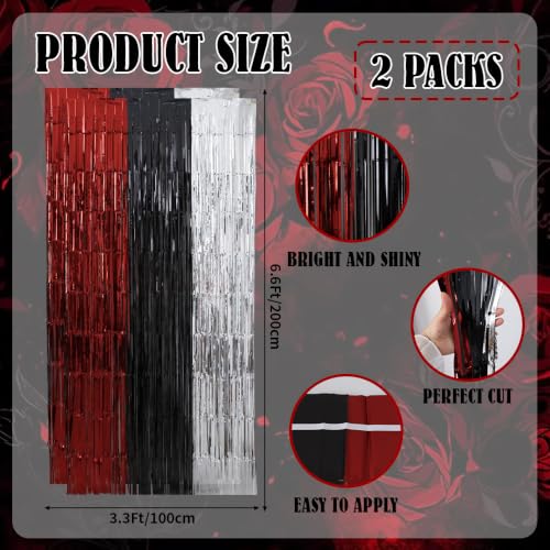 Image of TONIFUL 2Pcs Burgundy Black Silver Metallic Tinsel Foil Fringe Curtains | 3.3ftx6.6ft Photo Booth Backdrop Door Streamers for Wedding Anniversary Fall Harvest Masquerade Bachelorette Party Decoration
