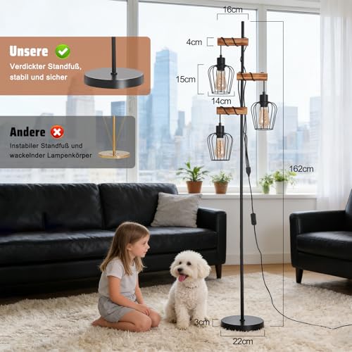Lampadaire industriel 3 feux avec douille E27 et finitions bois rustique - 5