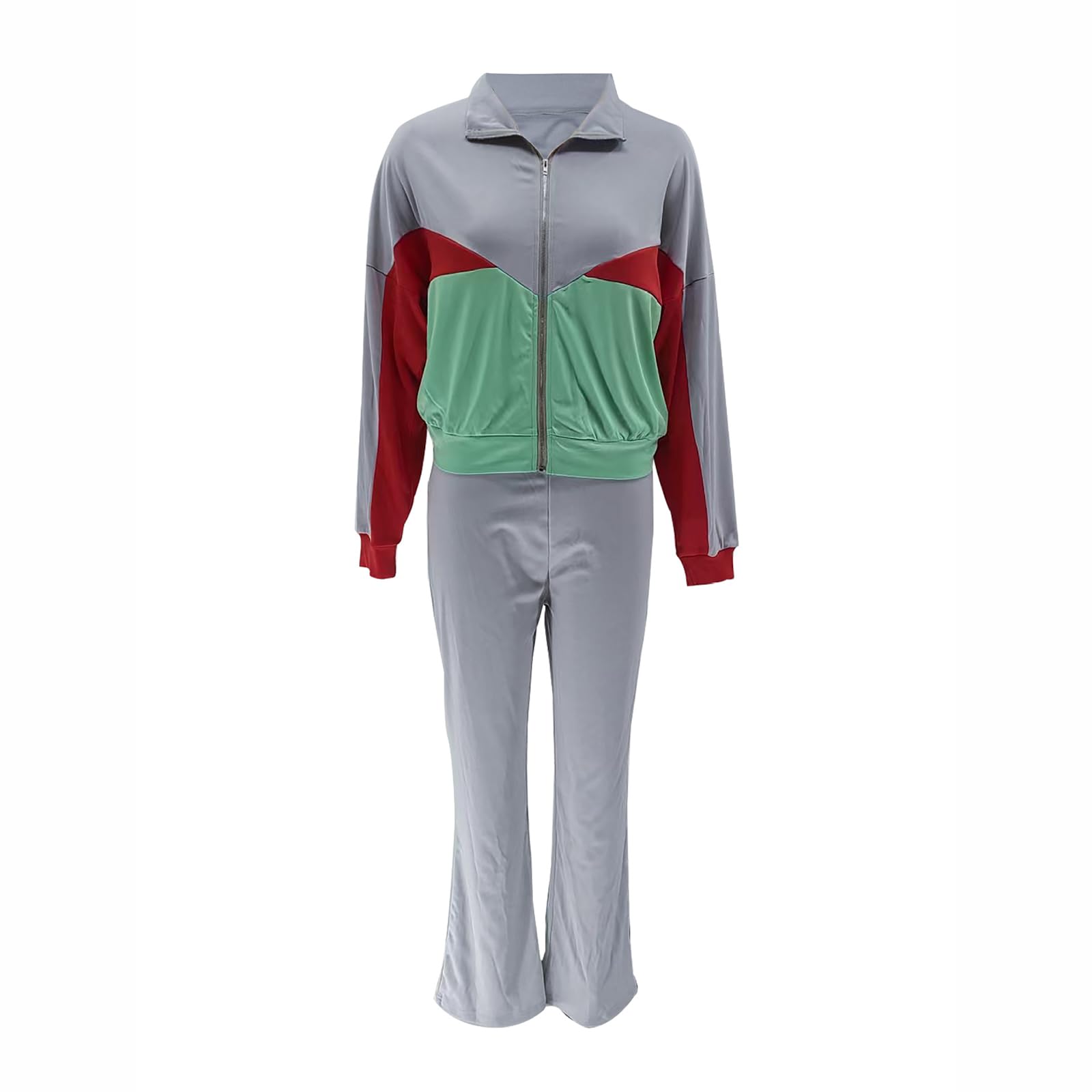 Greabuy Zweifarbiges Sport-Set für Damen, langärmelig, bauchfreie Jacken mit weitem Bein, Lounge-Sweathose, Trainingsanzüge, Sportbekleidungs-Set