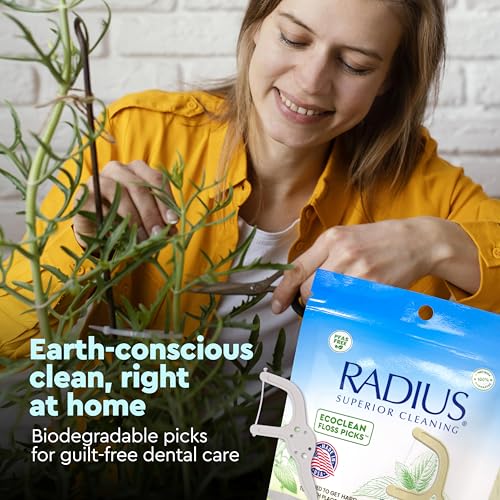 Radius Peppermint EcoClean Compostable Floss Picks Adult for Oral Care Boost Non Toxic Tooth & Gum Protection (50 Single Use Flossers per Pack)