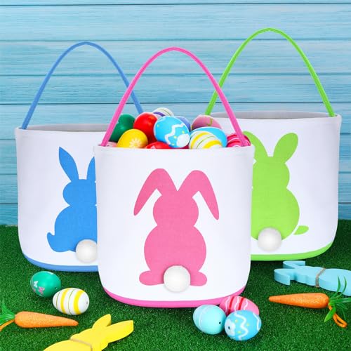 Image of Domensi 16 Pcs Easter Baskets for Kids Bunny Basket Bags Easter Basket Bulk Boys Girls Eggs Hunt Bag with Handles Fluffy Tails Printed Rabbit Bucket Tote for Easter Party Decoration Favor