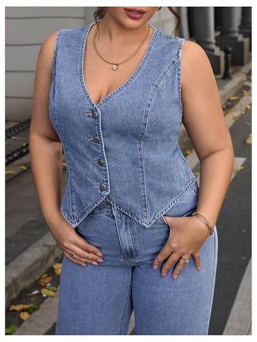WDIRARA Women's Plus Size V Neck Vest Denim Jacket Button Down Sleeveless Jean Waistcoat2