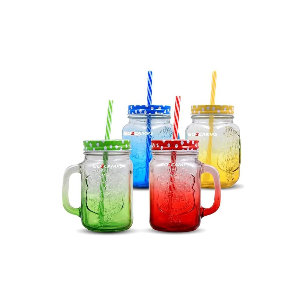 Go2Camps Alsaqer-Mason Jar with Sealed and Straw Lid 4-Pieces, 16 oz Capacity