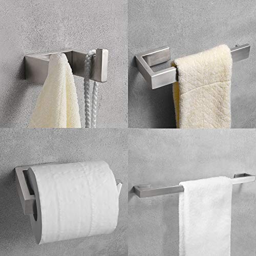 Nolimas 4-Piece Brushed Nickel Bathroom Hardware Accessories Set Including 24 inch Towel Bar Toilet Paper Holder Towel Ring Robe Hook SUS 304 Stainless Steel Wall Mounted Square Style,Anti Rust
