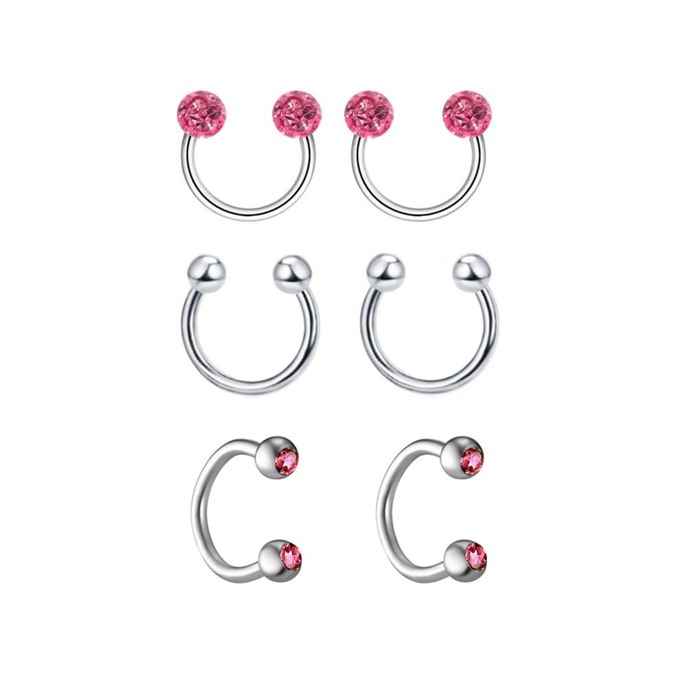 Heuvipens 6pc 16g Surgical Steel Horseshoe Nose Septum Lip CZ Crystal Ball Hoop Bar Ring Ear Body Piercing 6mm-10mm
