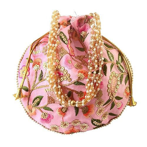 KlikMart India Luxurious Embroidered Potli Purse for Women Pearl Beaded Handle Drawstring Ethnic Wedding Accessory Ideal for Gifting Parties Festive Events Bridal Favor Bag Unique Handcrafted-picture-46