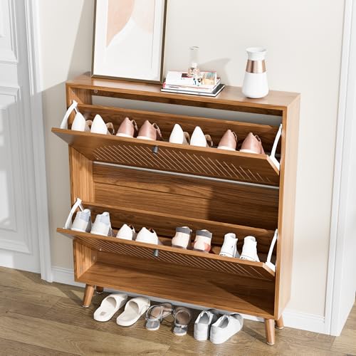 Shoe Storage Cabinet for Entryway with 2 Flip Drawers, Narrow Wood Shoe Cabinet with Fluted Panel, Freestanding Hidden Shoe Organizer for Foyer, Hallway (Walnut - No Shelf)
