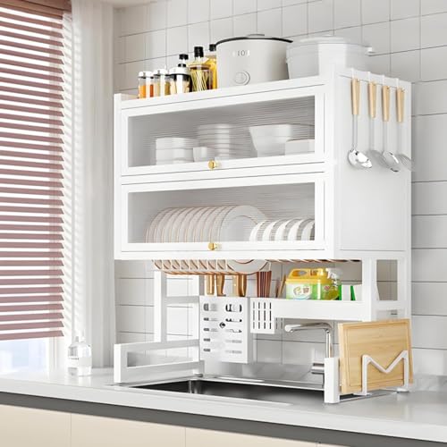 Abtropfgestell, 3-stöckig, Küchenutensilienhalter, platzsparendes Metallregal für Teller und Schüsseln mit Klapptür, multifunktionaler Küchenorganizer