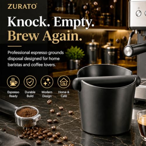 Image of ZURATO Coffee Knock Box for Espresso Machine | Espresso Grounds Container with Removable Rubber Bar | Non Slip Coffee Dump Bin for Home Cafe Barista Accessories | Black