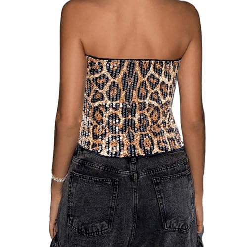 Women Cheetah Print Top Sequin Tube Top Bustier Corset Stretchy Sleeveless Shirt Y2k Crop Tops2
