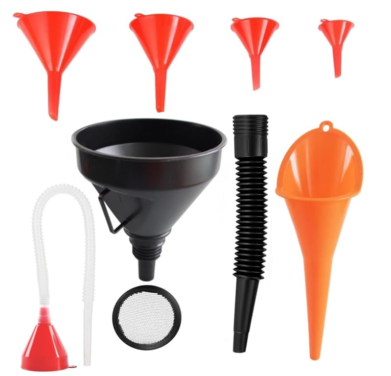 7 Stück Einfülltrichter Set, rechtwinkliges flexibles Kunststoff Trichter Set, Universal Auto Benzin Kraftstoff Trichter mit abnehmbarem Auslauf und langen Trichtern (Rot/Orange/Schwarz-4 Stück)