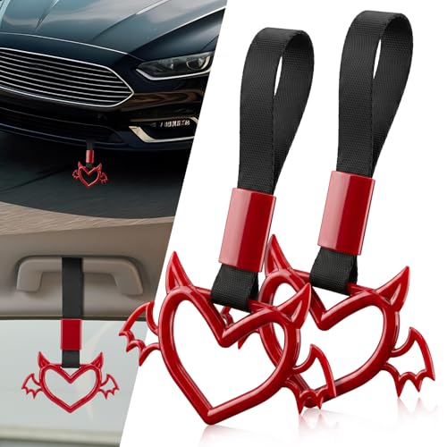 Image of 2 Pcs Devil Heart Shaped Car Handle Strap - JD M Drift Charm Rear Bumper Warning Ring Decor for Car Interior Exterior, Subway Bus Handle Accessory, Cute Heart Car Decor Gift (Red-Wing)
