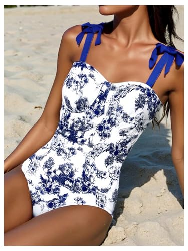 OYOANGLE Girl's Floral Print One Piece Swimsuit Bowknot Spaghetti Strap Holiday Padded Bathing Suits2