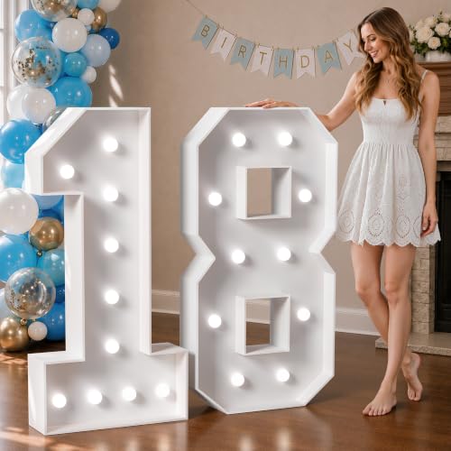 Image of Marquee Numbers 4 Feet Tall Big Light Up Numbers Happy 18th Birthday Decorations Girl Boy White Anniversary Party Decor Large Cardboard Prop Backdrop Sign 18 | Cool White Light, Large 18th Anniversary Party Decor, Big Stable Sign, Assembly Required, Foam Board 42 Pcs Accessory Set