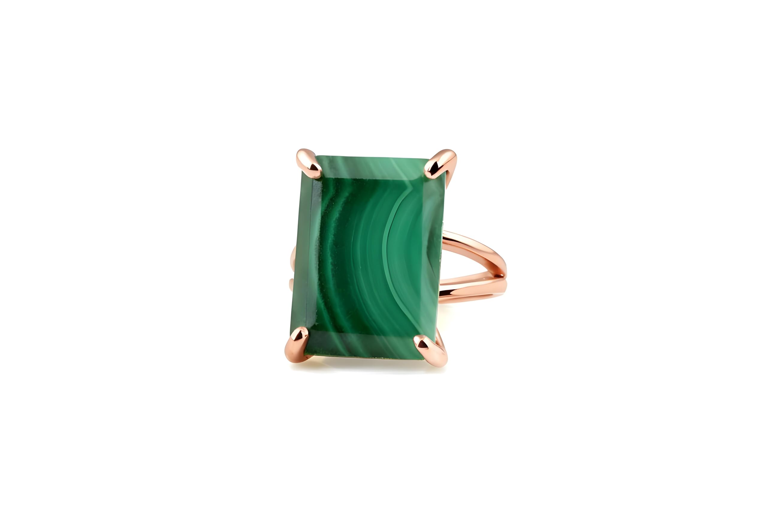Anillo Rectangular con Cristal de Malaquita - Anillos de Piedra Artesanales para Mujer - Anillos de Moda, de Regalo, Casuales, de Novia - Ideas de Regalo para Ella