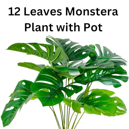 Image of Dekorly Artificial Palm Plants Leaves Faux Turtle Leaf Fake Monstera Tropical Large Palm Tree Leaves Outdoor UV Imitation Leaf Decorations (Red Pot Monstera)