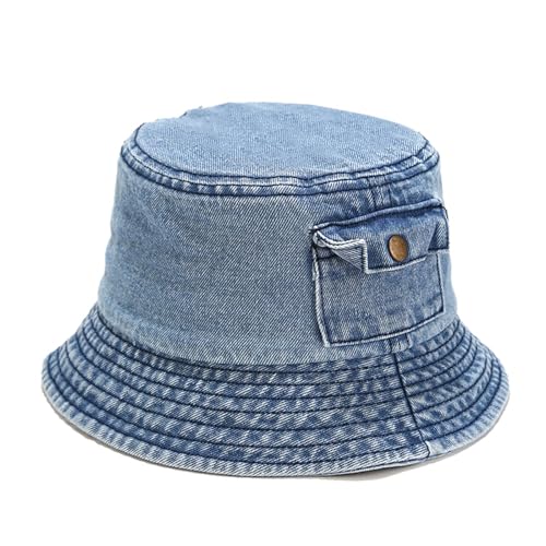 Lrastok Pocket Denim Bucket Hat Trendy Washed Cotton Sun Cap Beach Fisherman Hat for Women Men