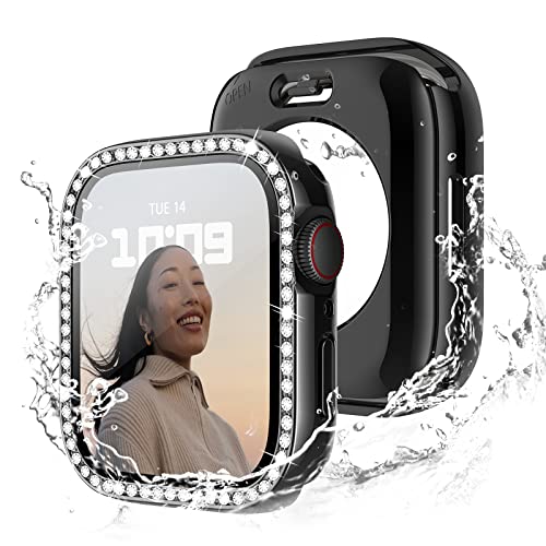 Recoppa コンパチブル Apple Watch ケース 45mm キラキラ アップルウォッチカバー 防水ケース Series 8 7に対応 ガラスフィルム付き 一体型 IP68防水仕様 ダイヤモンド 光沢感 オシャレ レディース ブラック 45mm