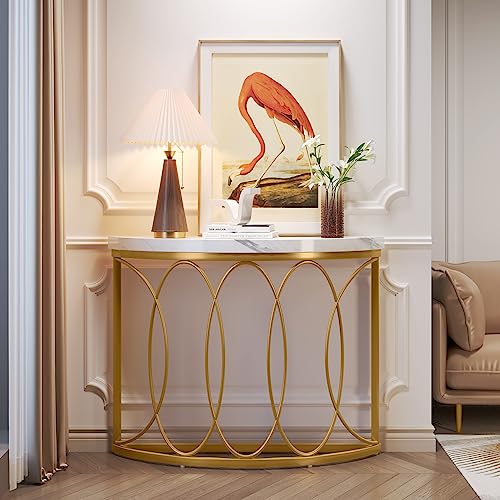 Tribesigns Half Moon Gold Console Table, 43 Inch Modern Faux Marble Entryway Table, Narrow Semi Circle Sofa Accent Table with Geometric Metal Frame for Living Room, Hallway, White & Gold - Image 8