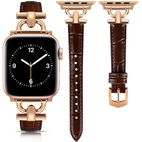 Image of Leather Band Compatible with Apple Watch Bands for Women, Dressy Fancy Strap for iWatch Series 11 /10 /9 /8 /7 /6 /5 /4 /3 /2 /1 /se /Ultra /Ultra 2(49mm 46mm 45mm 44mm 42mm,Dark Brown /Rose Gold)
