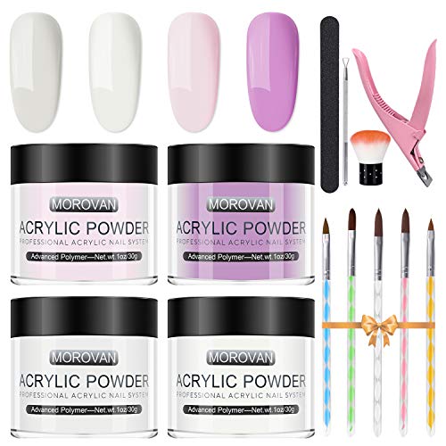 Morovan Acrylic Powder for Nail Art Decoration - 30g/PCS 4 Color Acrylic Powder Set for Flowers Carved Nail Extension - Acrylic System Pink White Clear Powder for French Nails Professional Salon