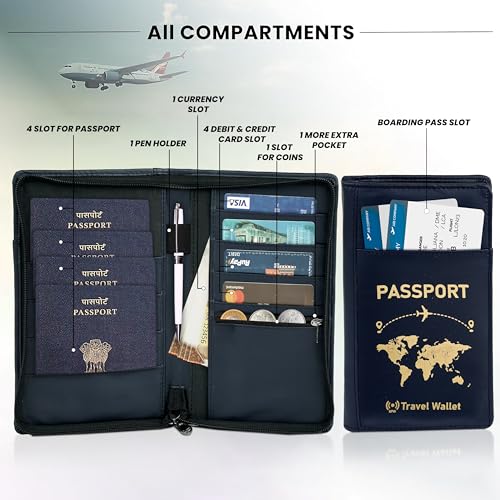 Image of Storite RFID Blocking PU Leather Passport Holder, 23x13.5x3 Cm Blue | Cover Case, Travel Wallet, Document Organiser, Removal Hand Strap, Men & Women