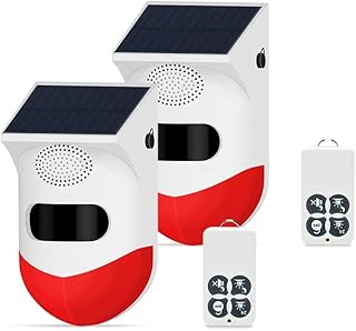 Solar Motion Sensor Alarm Light Strobe Motion Alarm Outdoor with Remote Controller 120db Sound Outdoor Waterproof Motion Detector Alarm for Home,Farm,Barn,Yard,Villa,Chicken Coop Protection(2 Pack)