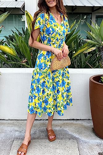 PRETTYGARDEN Summer Floral Dress for Women 2025 Casual Boho Short Sleeve Maxi Dresses V Neck Tiered Flowy Beach Sundress